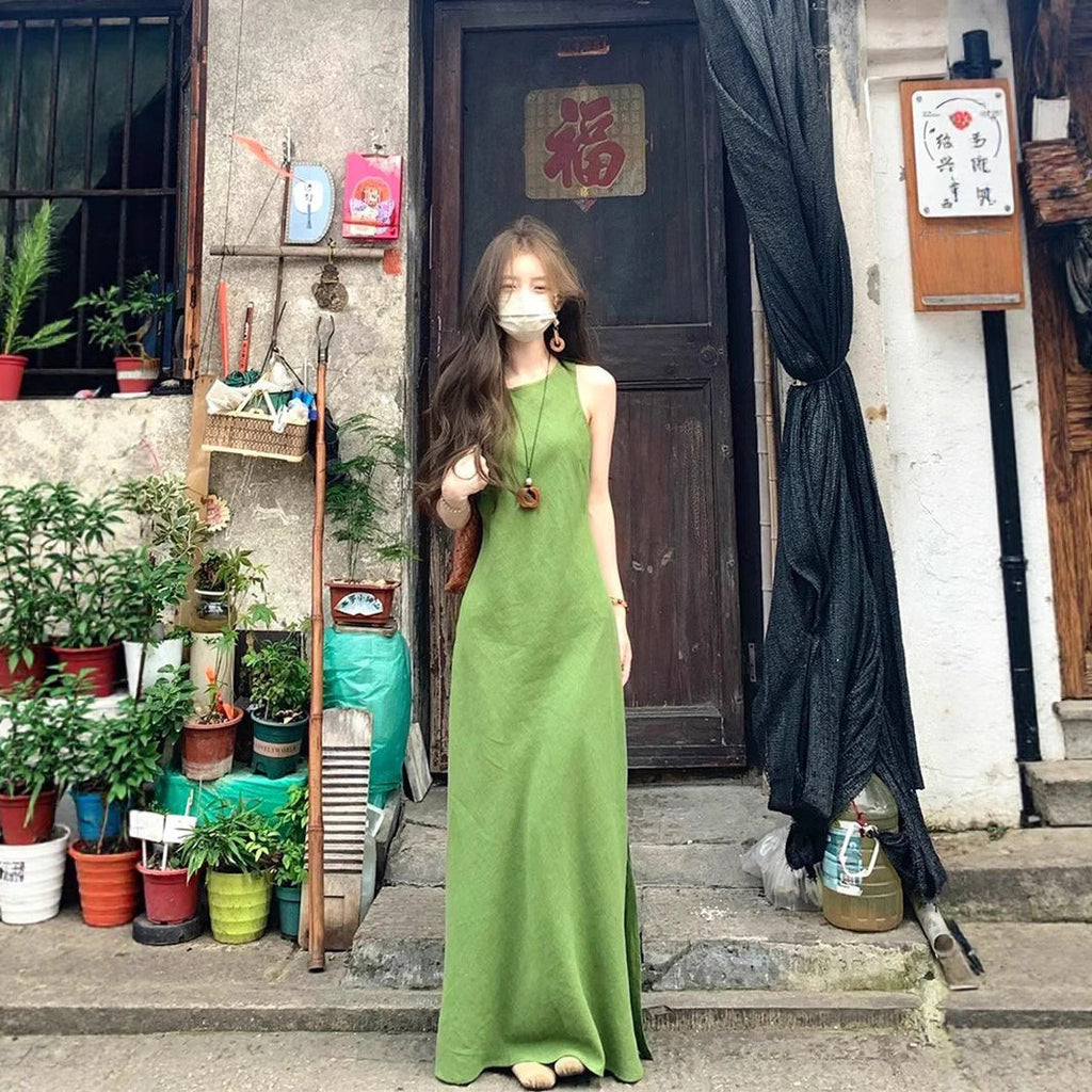 French Green Sleeveless Vest Dress