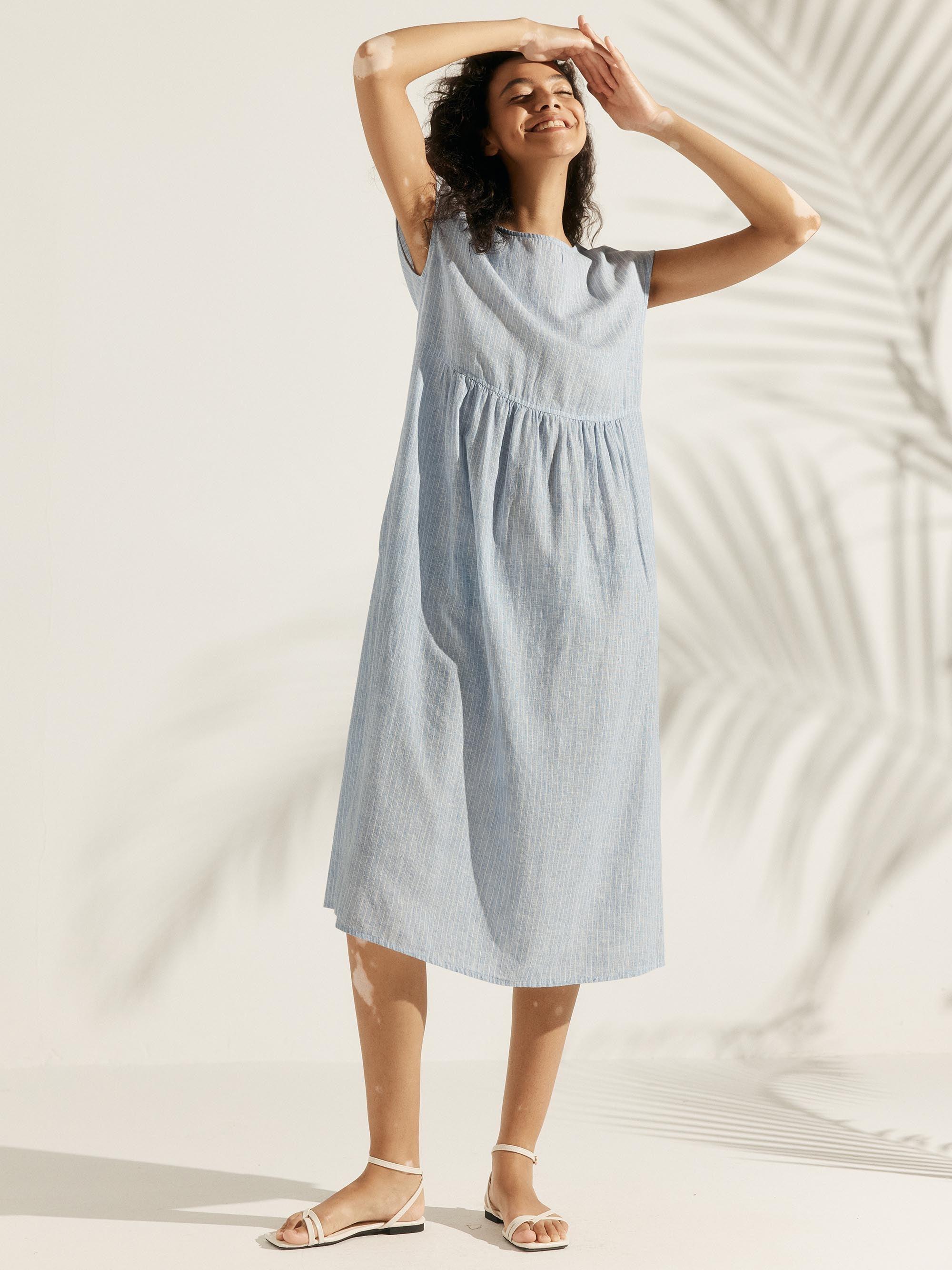 Linen Striped Cap Sleeve Washed Midi Dress JOAN