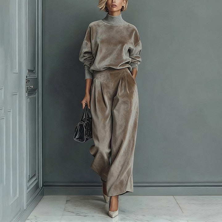 Casual Warm Velour Long-sleeved Solid Color High-neck Zipper Wide-leg Sportswear