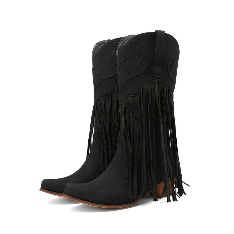 Womens Retro Mid-Calf Chunky Heel Round-Toe Boots
