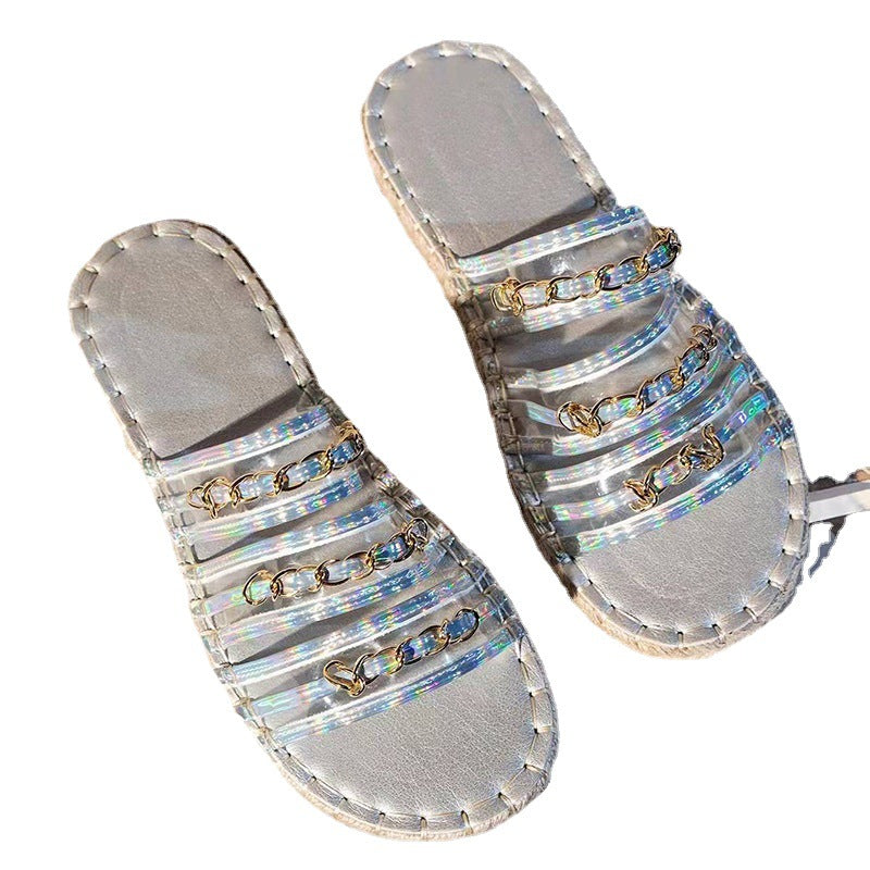 New Hemp Rope Thick Bottom Women's Large Size Straw Sandals With Rhinestones