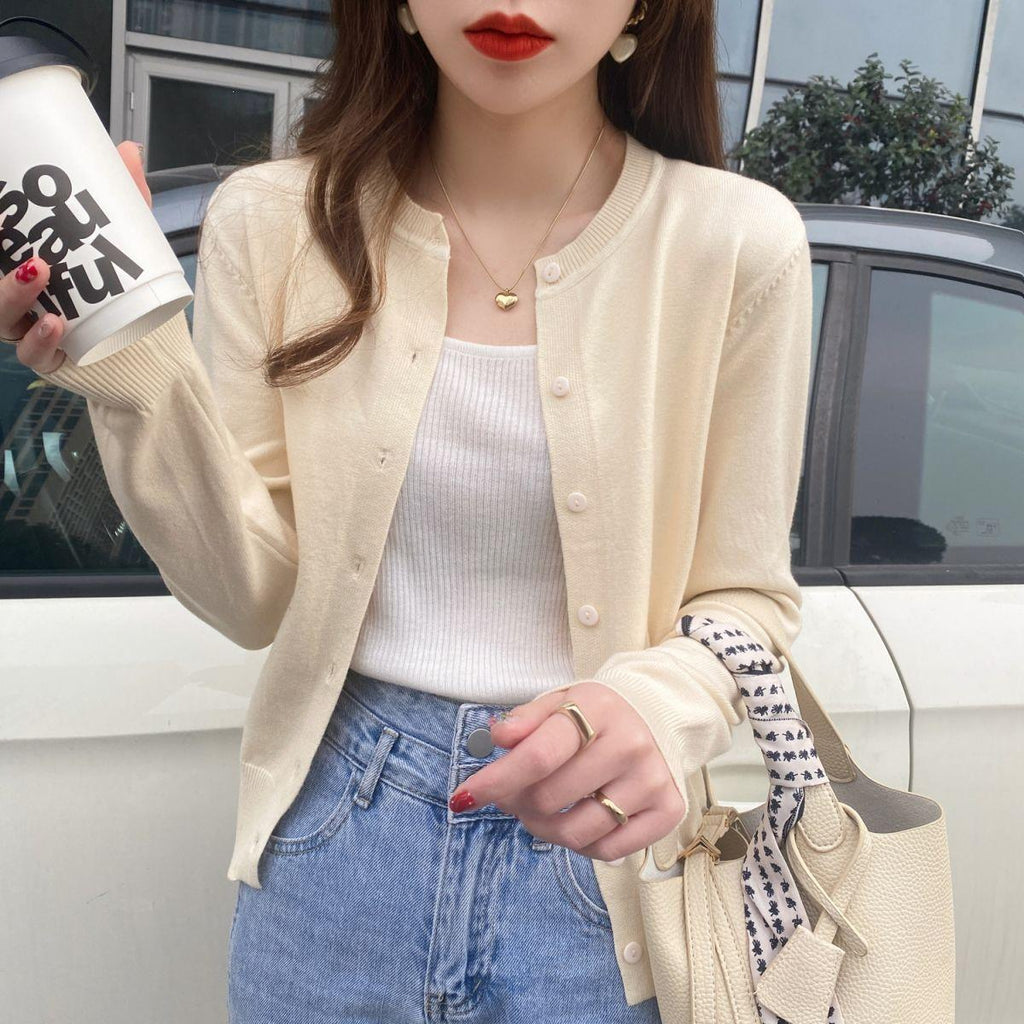 Women's Slimming Round-Neck Long-Sleeve Knitted Cardigan