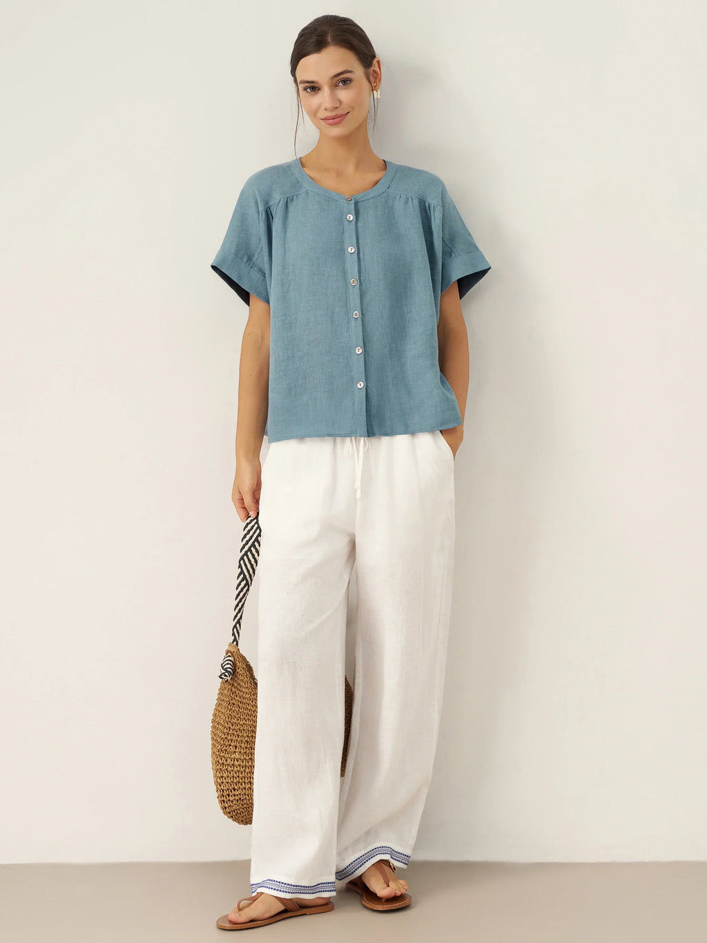 100% Linen Embroidered Elastic Waist Pants FENE