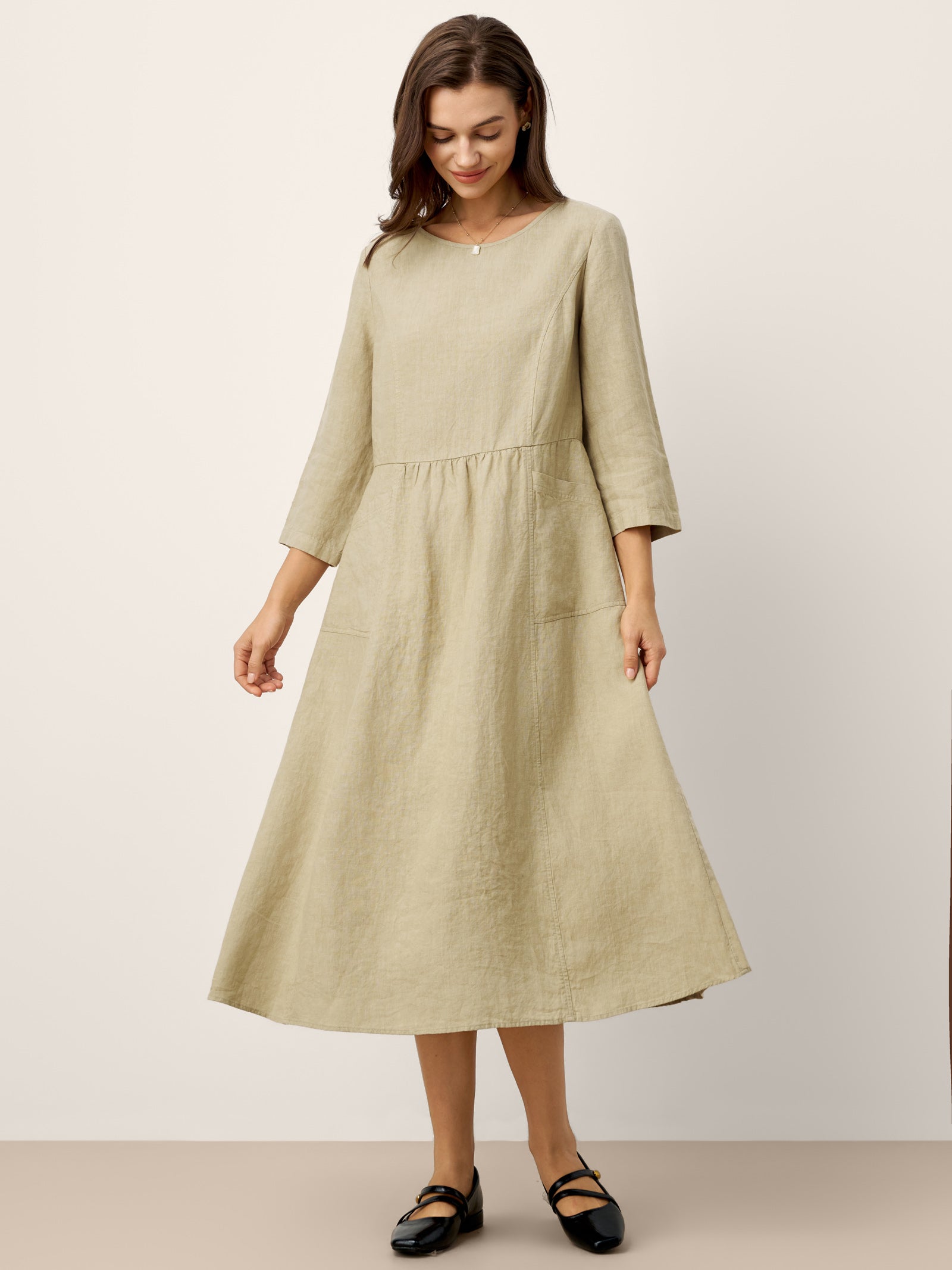 100% Linen Shirred Waistline Patch Pocket Midi Dress MARCELLA