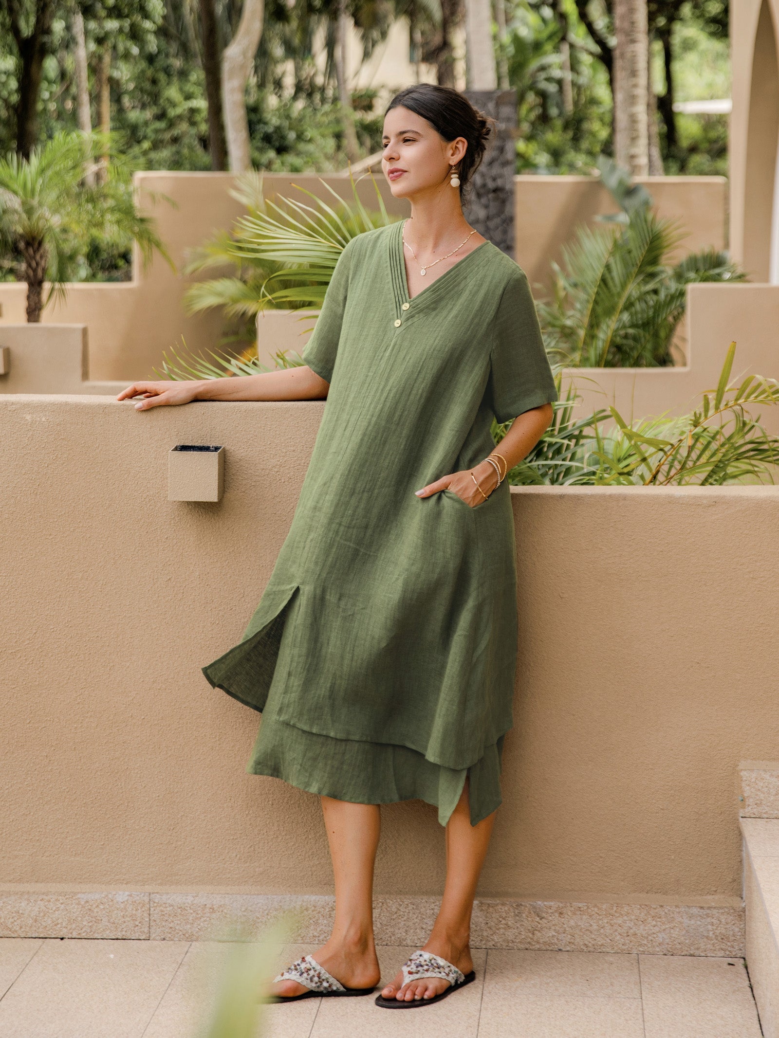100% Linen V-Neck Double-Layer Mini Dress JAYDA