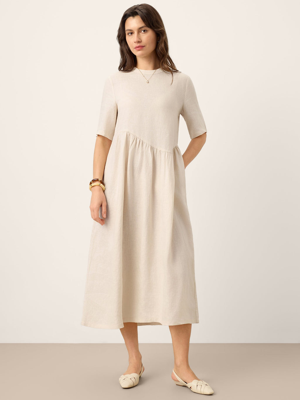 100% Linen Arch-Seam Fluid Midi Dress EUDORA