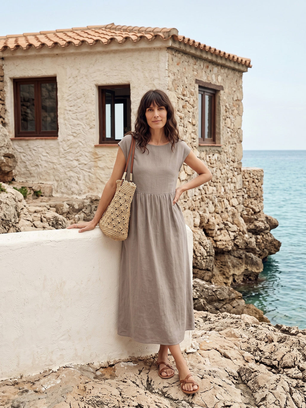 Linen Striped Cap Sleeve Washed Midi Dress JOAN