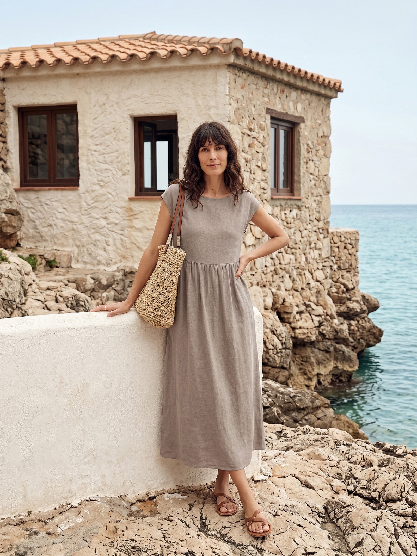 Linen Striped Cap Sleeve Washed Midi Dress JOAN