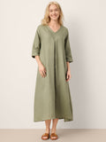 100% Linen Center Pleat V-Neck Cuffed Sleeve Midi Dress ZENOBIA