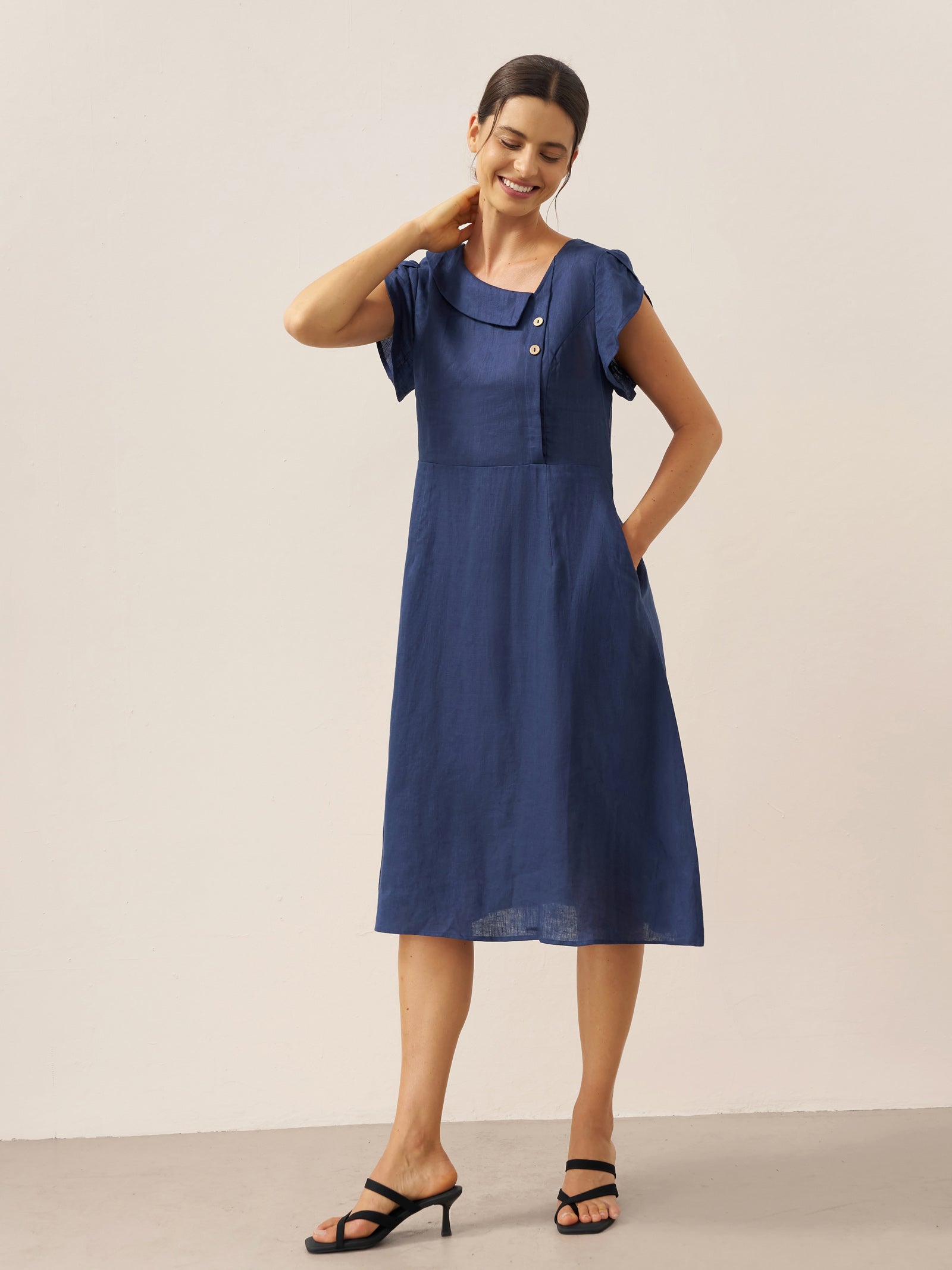 100% Linen Crescent Collar Flutter Sleeve Mini Dress FIONA