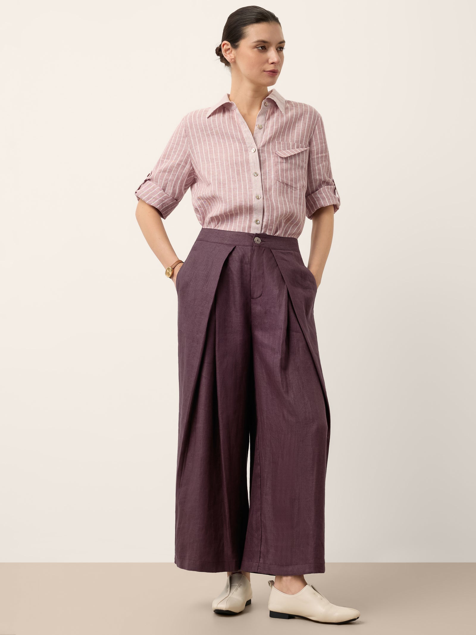 100% Linen Yarn Dyed Pleated Elastic Waist Wide Leg Culottes PALOMA