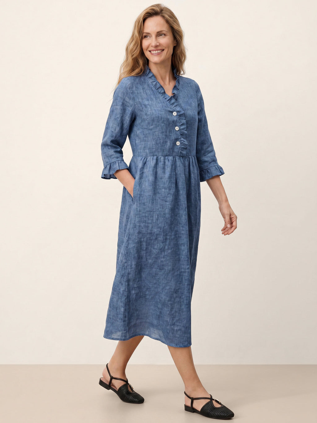 100% Linen Ruffle Placket A Line Midi Dress SAMARA