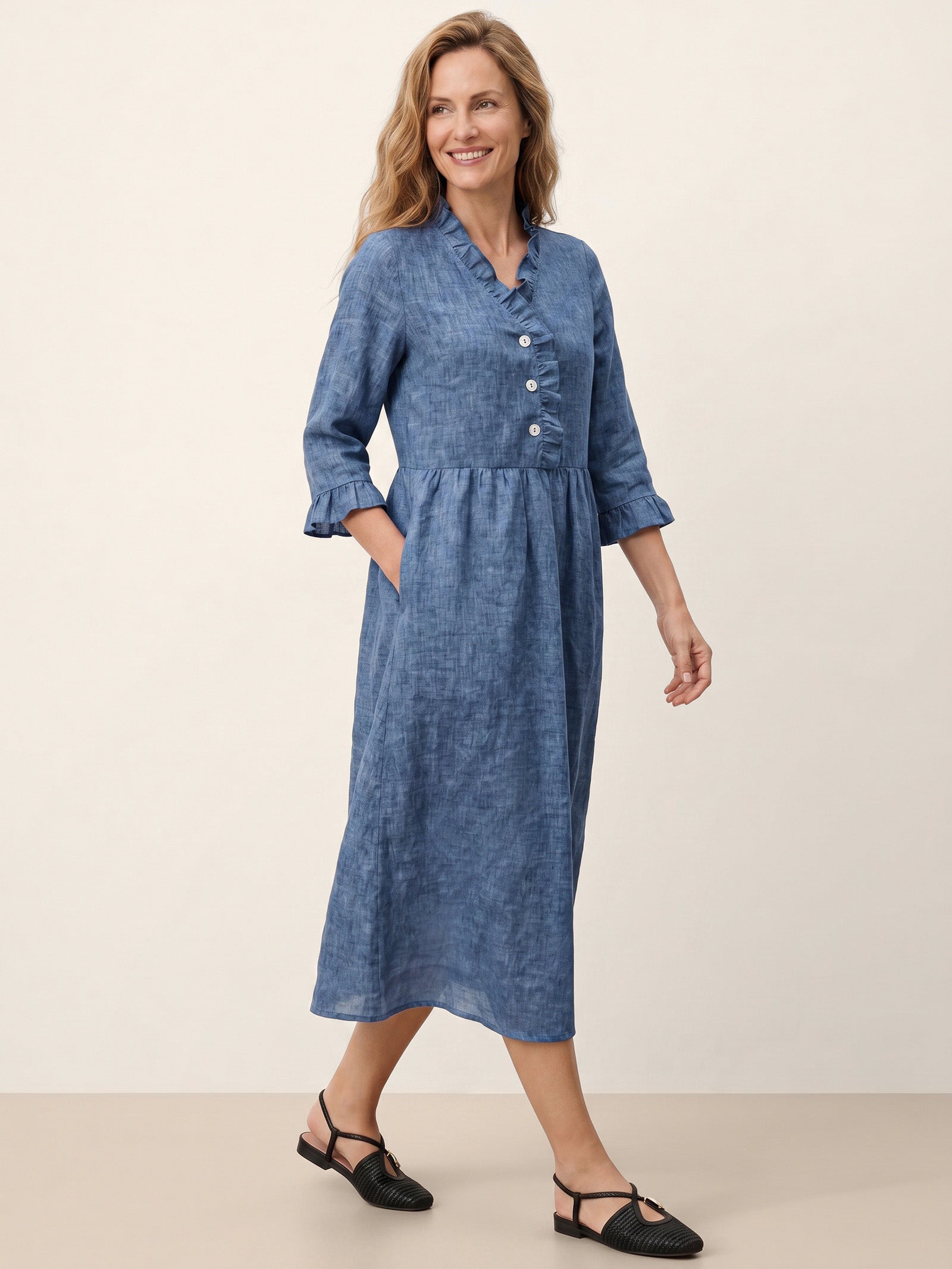 100% Linen Ruffle Placket A Line Midi Dress SAMARA
