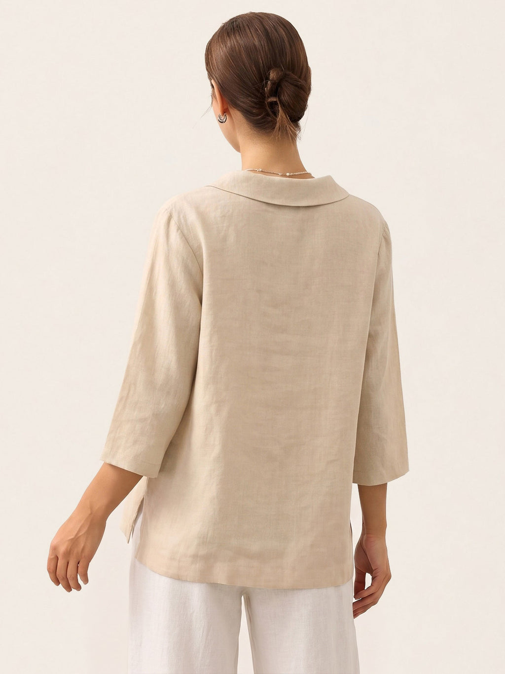 100% Linen Stripe Shawl V-Neck Half Sleeve Top JADE