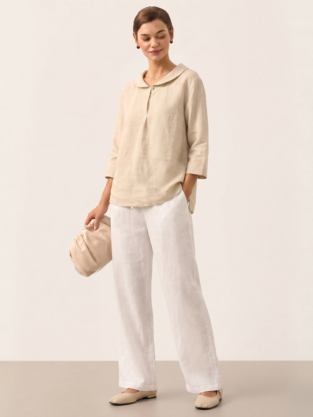 100% Linen Stripe Shawl V-Neck Half Sleeve Top JADE