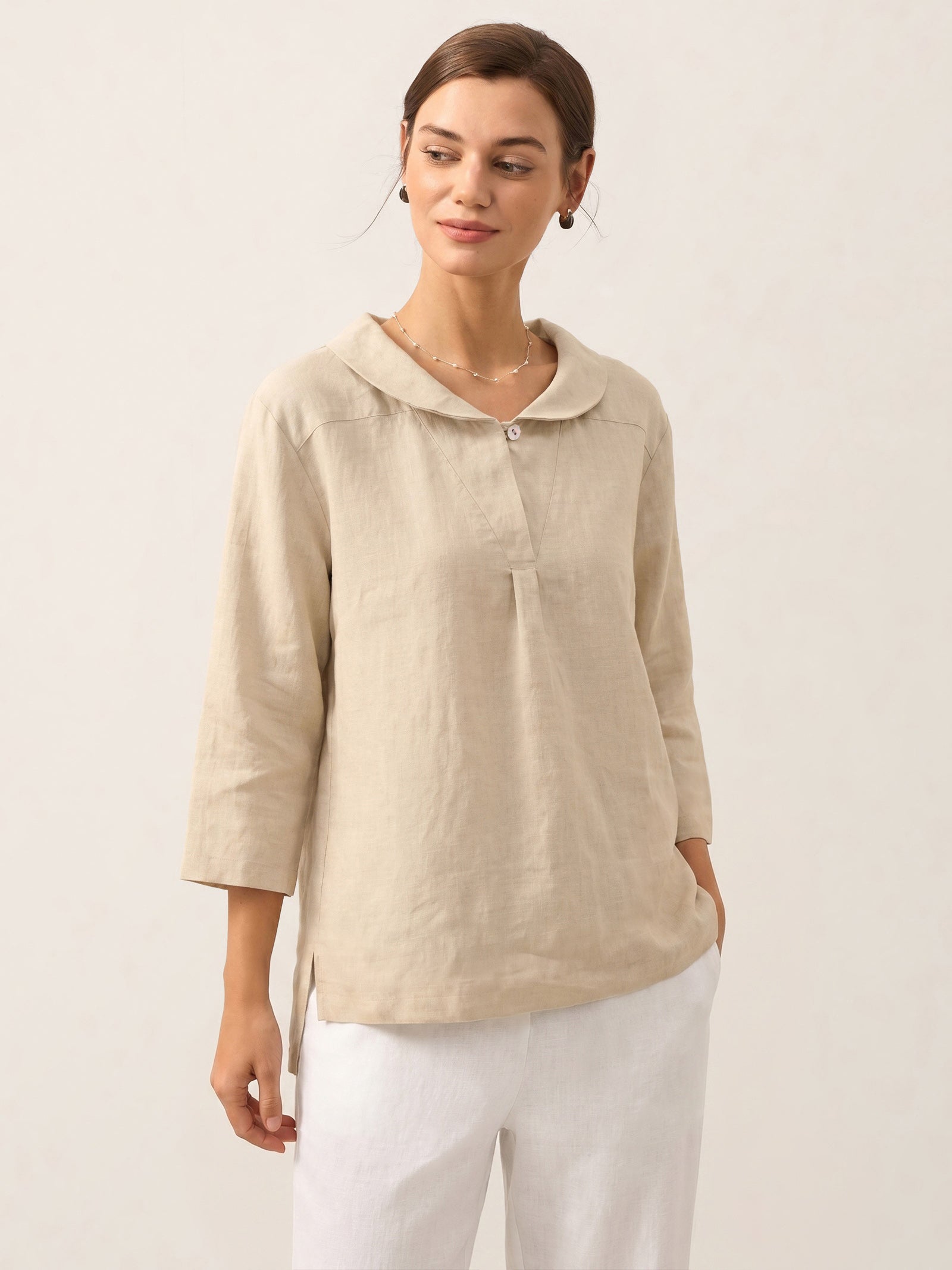100% Linen Stripe Shawl V-Neck Half Sleeve Top JADE