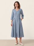 100% Linen Shell Button A Line Midi Dress ELIORA