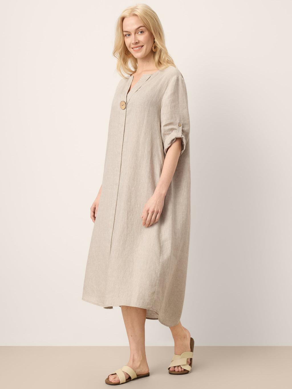 100% Linen Stand Collar V-Slit Tab Sleeve Midi Dress LEORA