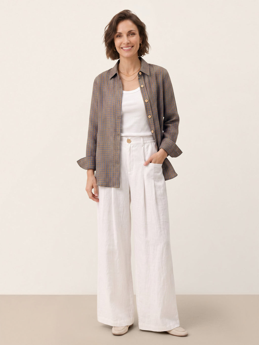 100% Linen Yarn Dyed Check Cuffed Sleeve Shirt VIANNE