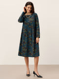100% Organic Cotton Ruched Print Boat Neck Midi Dress CRESSIDA