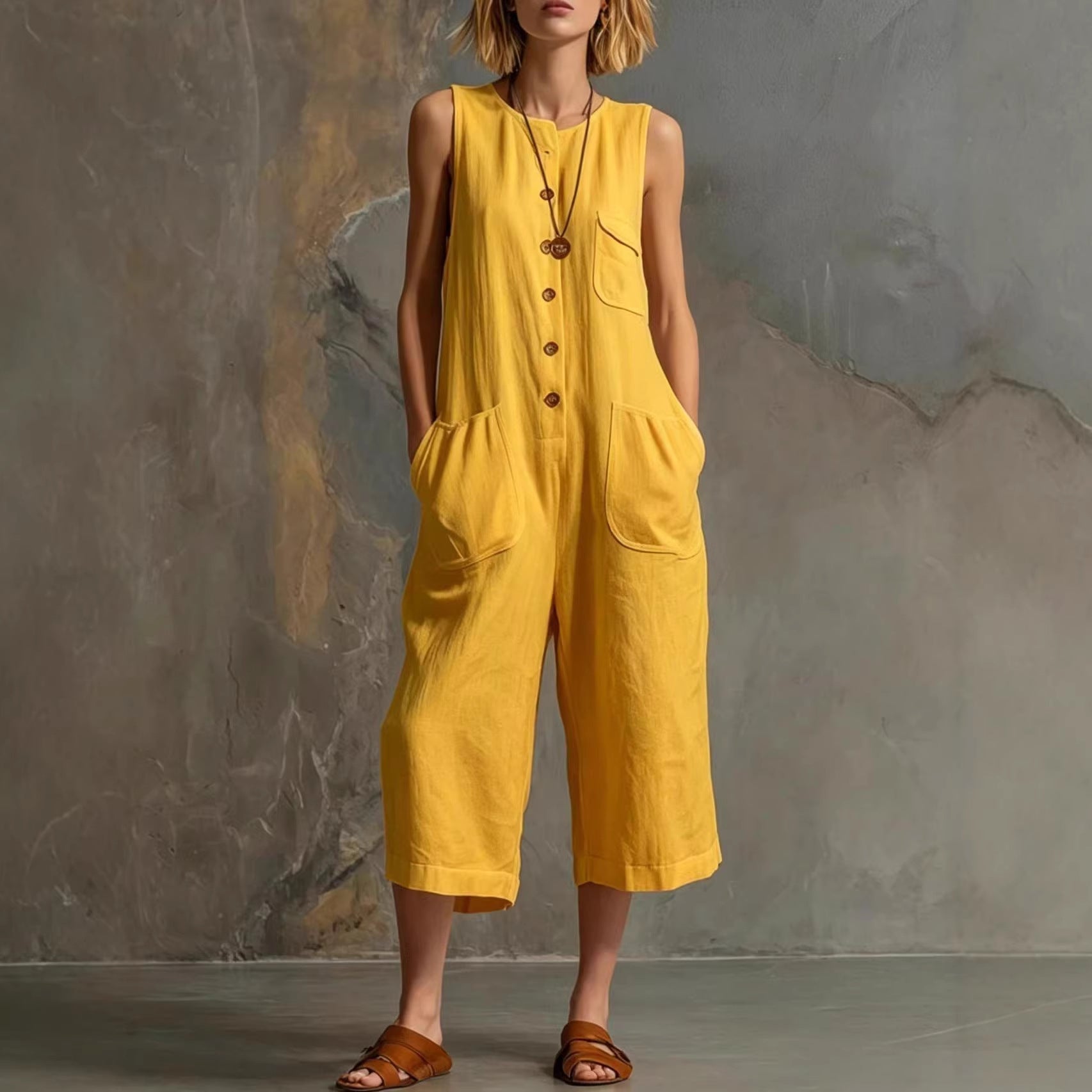 Retro Sleeveless Cotton-Linen Wide-Leg Cropped Jumpsuit