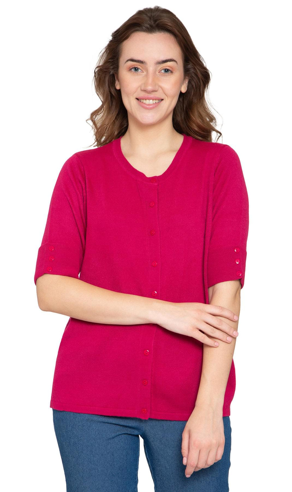 Women's Button Front Cardigan with a Unique Elbow Cuff Style