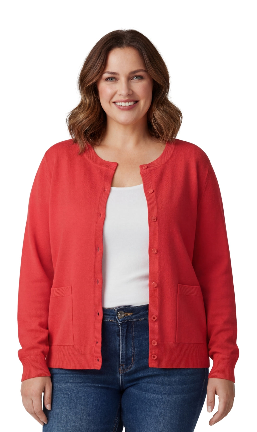 Women's Soft Cotton Button-Up Cardigan Crewneck Sweater Long Sleeves with Front Pockets