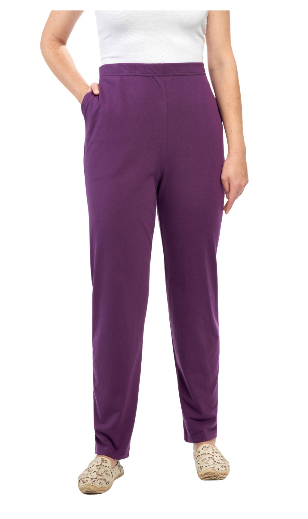 Women's Pull-On Flat Front Knit Pants — Cotton Blend Elastic Waist