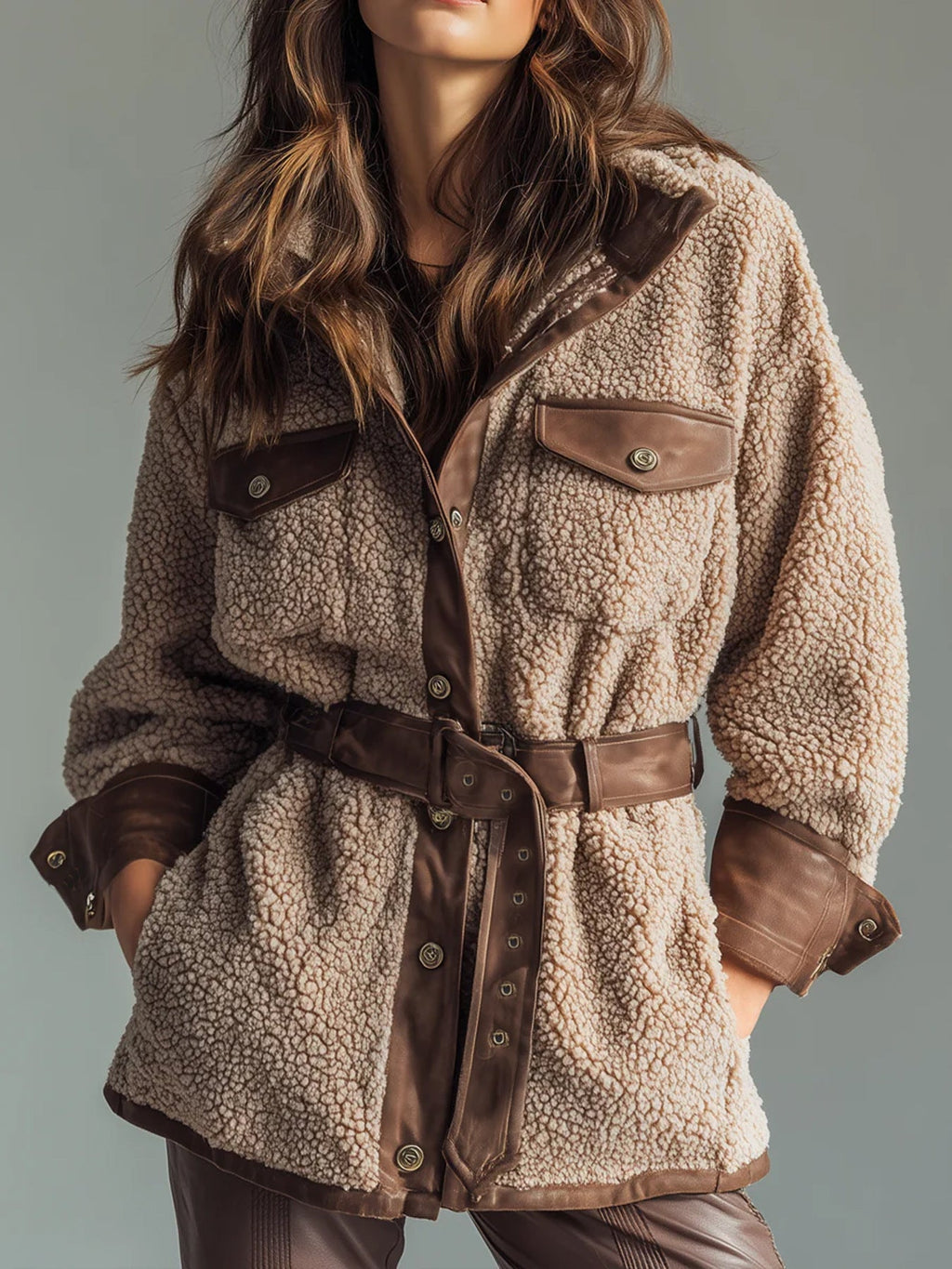 Autumn Winter Women Clothing Thickened Lamb Buy Stitching Faux Leather Pocket Leather Belt Retro Coat