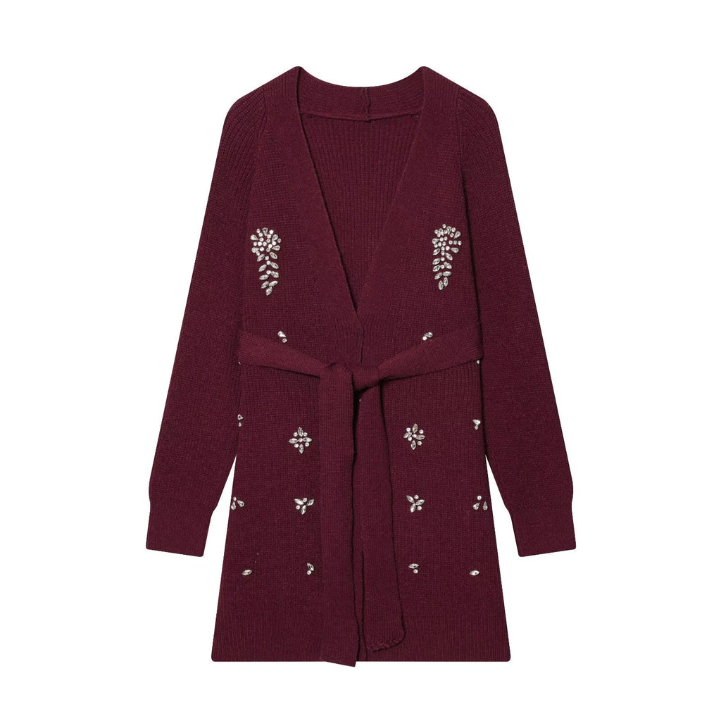 Women Autumn Winter Jewelry Bead Knitted Cardigan