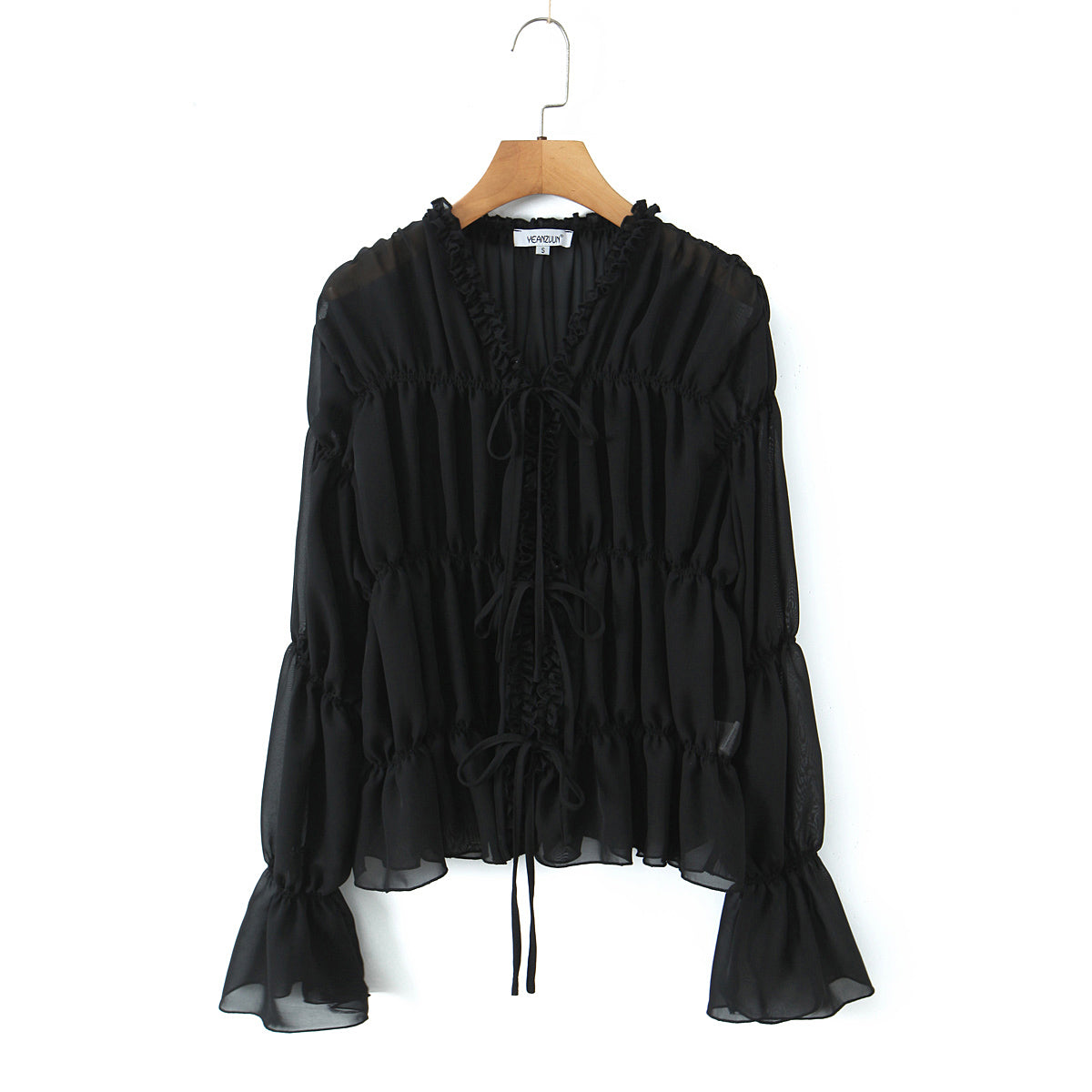 Gentle Pleated Lace up Chiffon Shirt Women Spring Loose Long Sleeve V neck Ruffled Chic Top