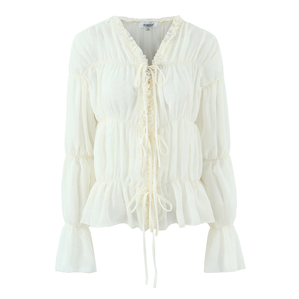 Gentle Pleated Lace up Chiffon Shirt Women Spring Loose Long Sleeve V neck Ruffled Chic Top