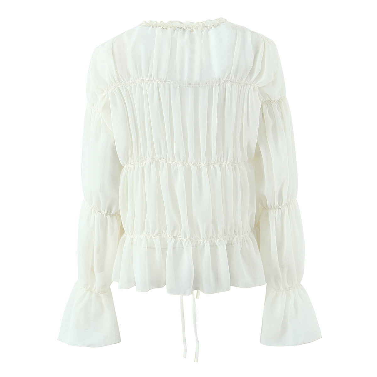 Gentle Pleated Lace up Chiffon Shirt Women Spring Loose Long Sleeve V neck Ruffled Chic Top