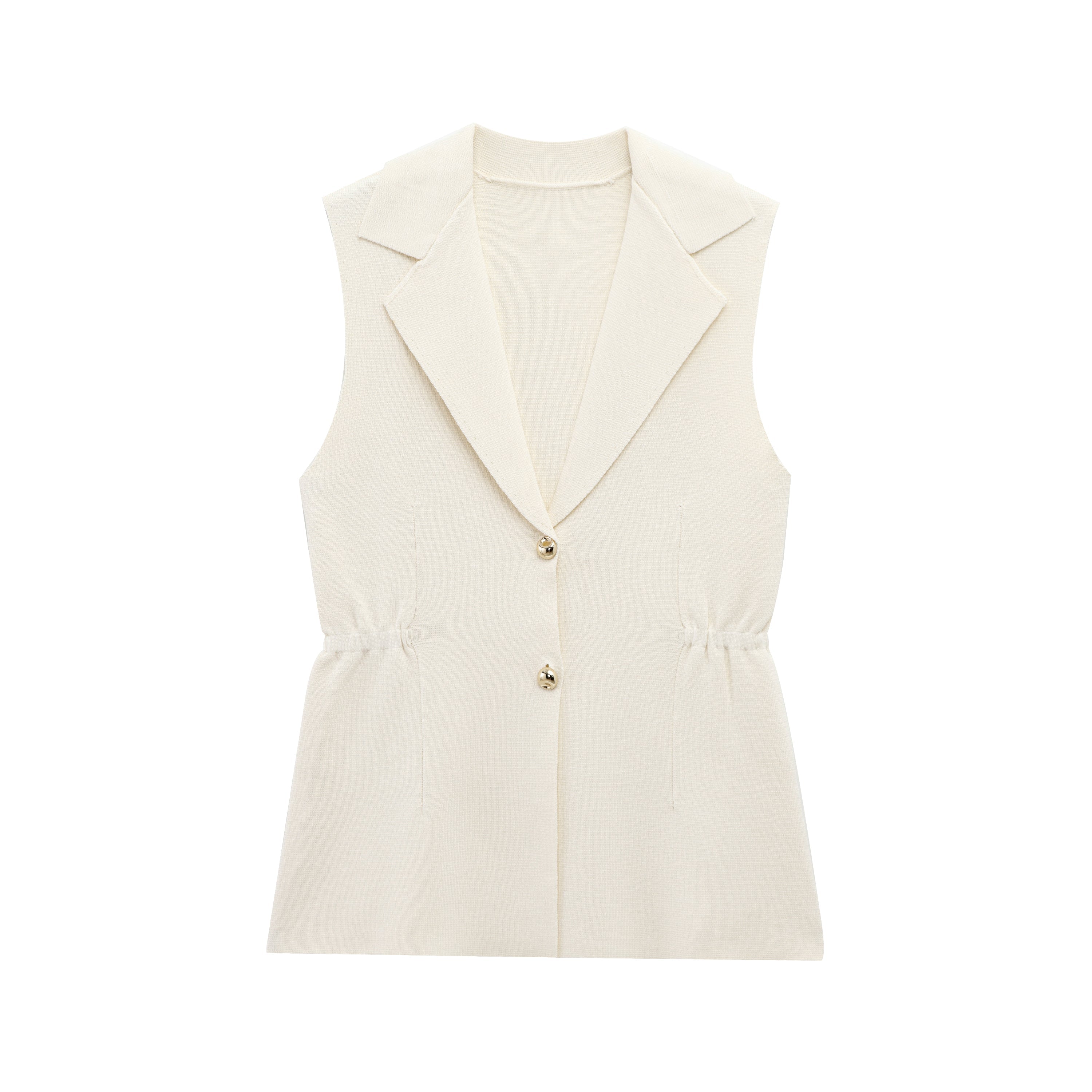 Women Pleated Collared Sleeveless Knitted Vest Jacket