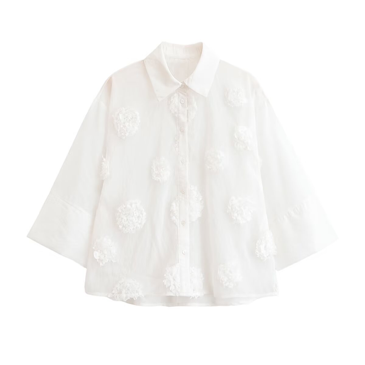 Women Clothing Summer Polo Collar Embossed Floral Vertical Shirt