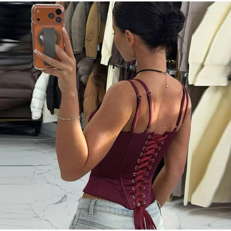 Summer Women Clothing All Match Solid Color Sleeveless Slimming Satin Spaghetti Strap Camisole Top