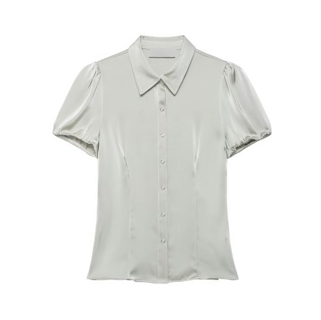 Women Clothing Wild Slimming Polo Collar Short Sleeve Silk Satin Textured Shirt