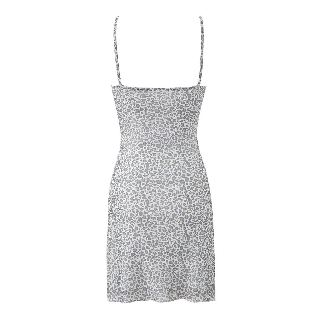 Spring Women French Leopard Bow Mesh Square Collar Suspenders Short Dress
