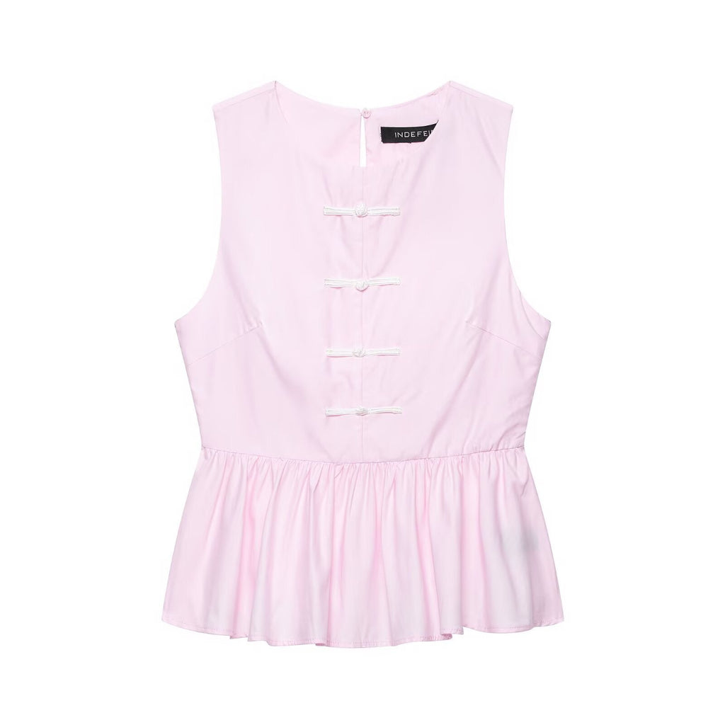 Women round Neck Sleeveless Faux Bends Hitches Ornament A line Short Skirt Hem Top