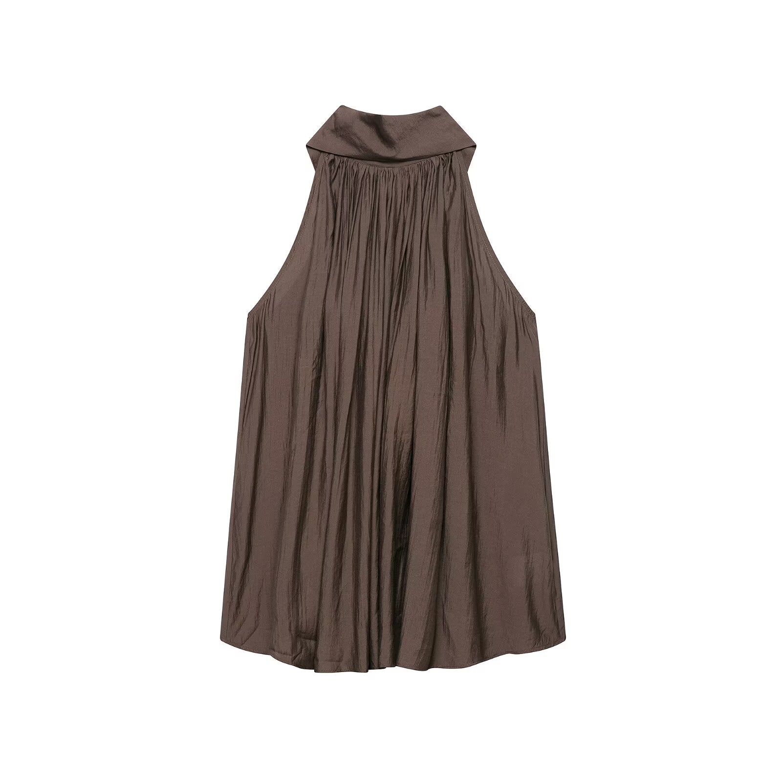 Satin Halter Sleeveless Top Pleated Relaxed Sense A line Shirt