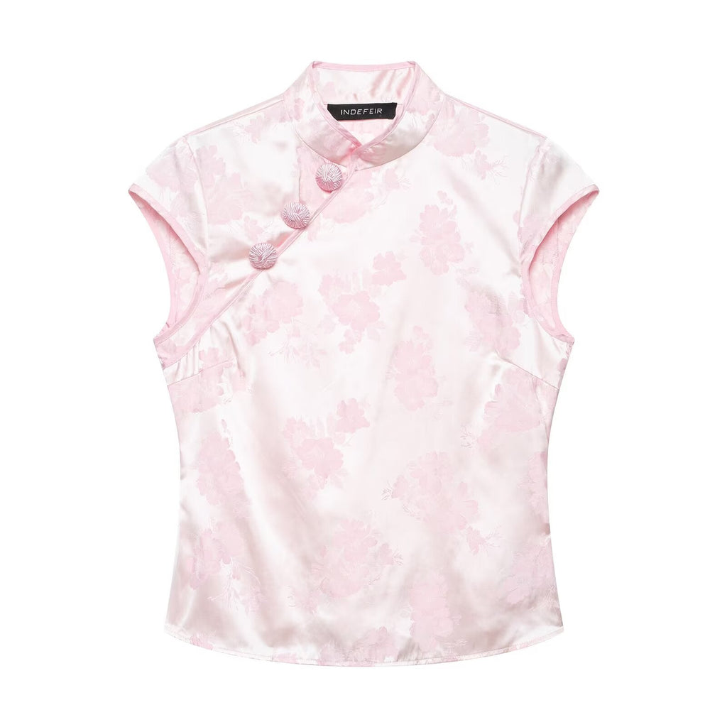 Women Clothing Summer Retro National Jacquard Silk Satin Texture Breasted Top