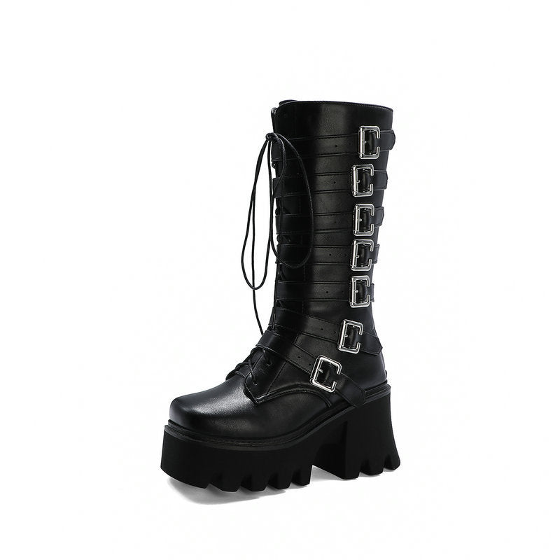 Thick-Heeled High-Heeled Women's Boots With Lace-Up Belt Buckle