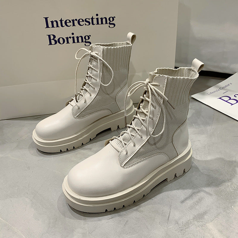 Women's Solid Color Low-Top Autumn Front Lace-up Round-Toe Thick-Heeled High-Top Black Martin Boots