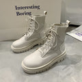 Women's Solid Color Low-Top Autumn Front Lace-up Round-Toe Thick-Heeled High-Top Black Martin Boots