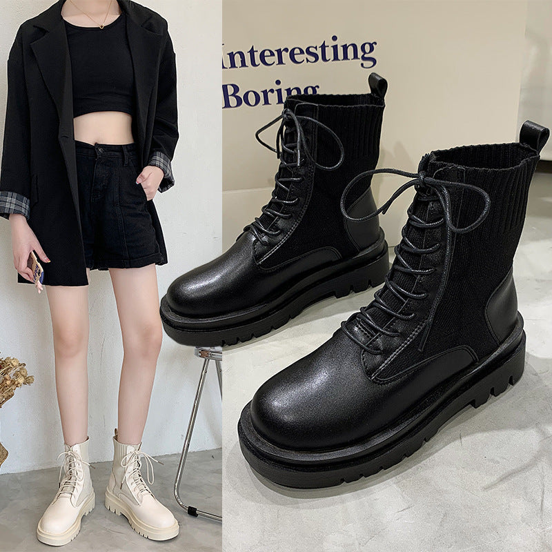 Women's Solid Color Low-Top Autumn Front Lace-up Round-Toe Thick-Heeled High-Top Black Martin Boots