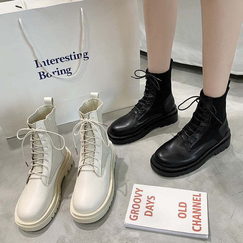 Women's Solid Color Low-Top Autumn Front Lace-up Round-Toe Thick-Heeled High-Top Black Martin Boots