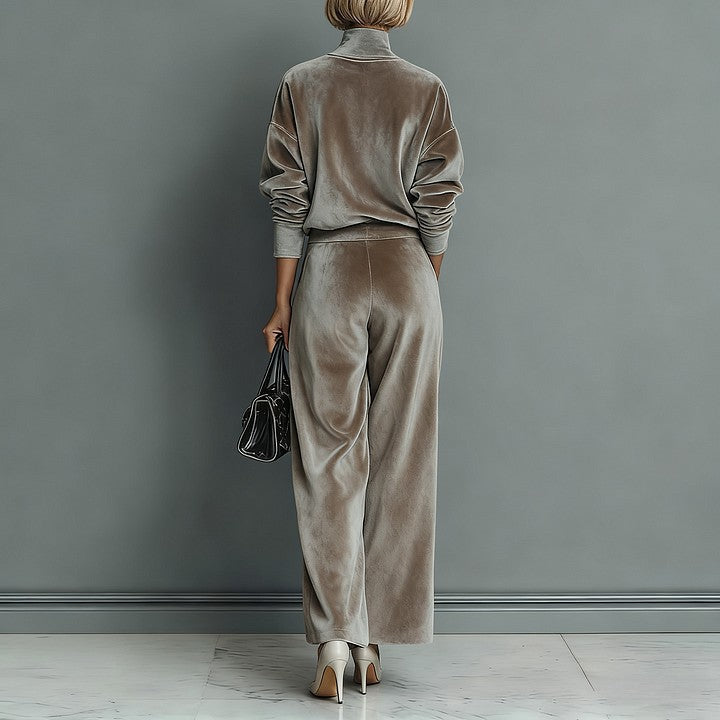 Casual Warm Velour Long-sleeved Solid Color High-neck Zipper Wide-leg Sportswear