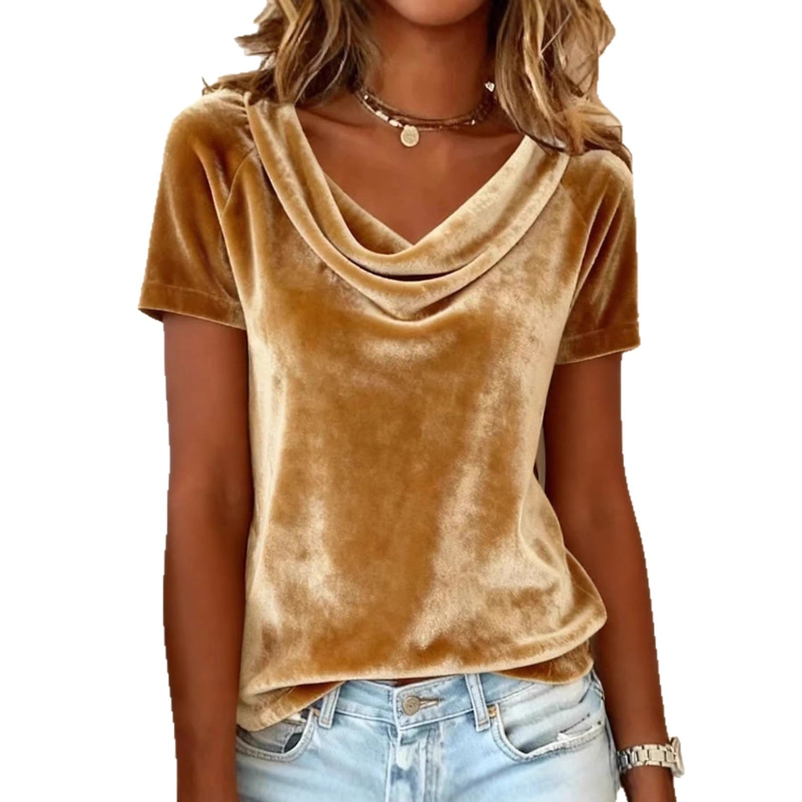 Womens New Solid-Colored Scoop-Neck Short-Sleeve Sexy Velvet T-Shirt