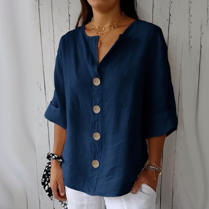 Loose-fit Women's V-neck Cotton-Linen Button T-shirt Top