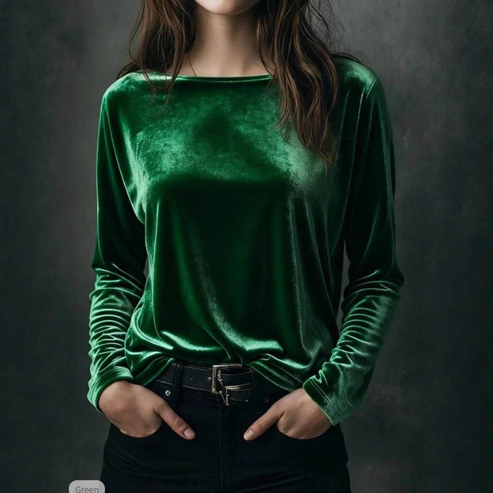 Female Solid Color Loose Fit Crew-neck Pullover Velvet T-shirt